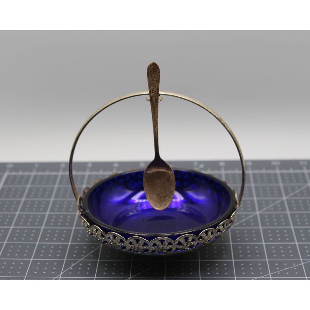 Vintage Cobalt Blue Glass Silver Plate Jam Jelly Server England Basket Spoon